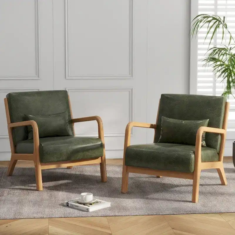 Mid-Century Modern Upholstered Lounge Armchair Rubber Wood Frame Linen Beige Grey