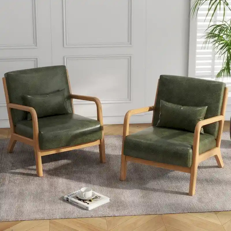 Mid-Century Modern Upholstered Lounge Armchair Rubber Wood Frame Linen Beige Grey