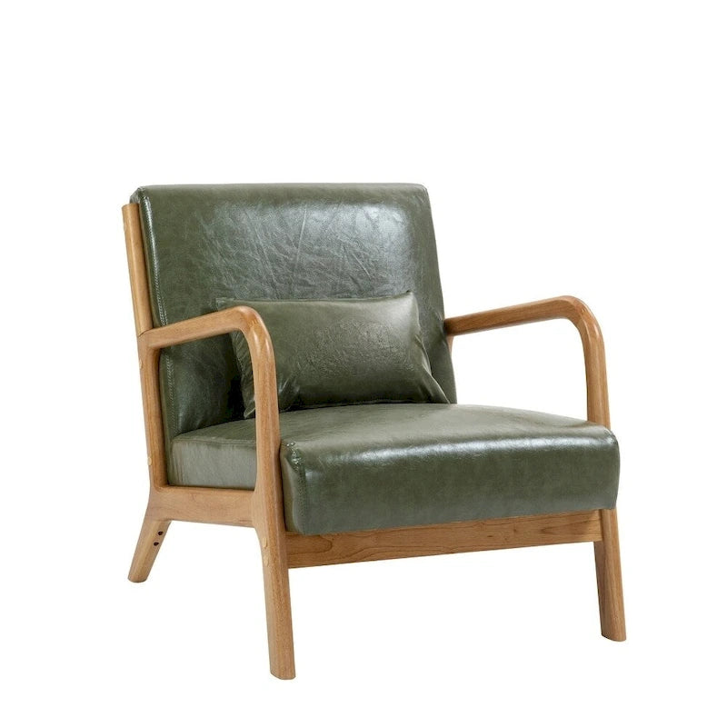Mid-Century Modern Upholstered Lounge Armchair Rubber Wood Frame Linen Beige Grey