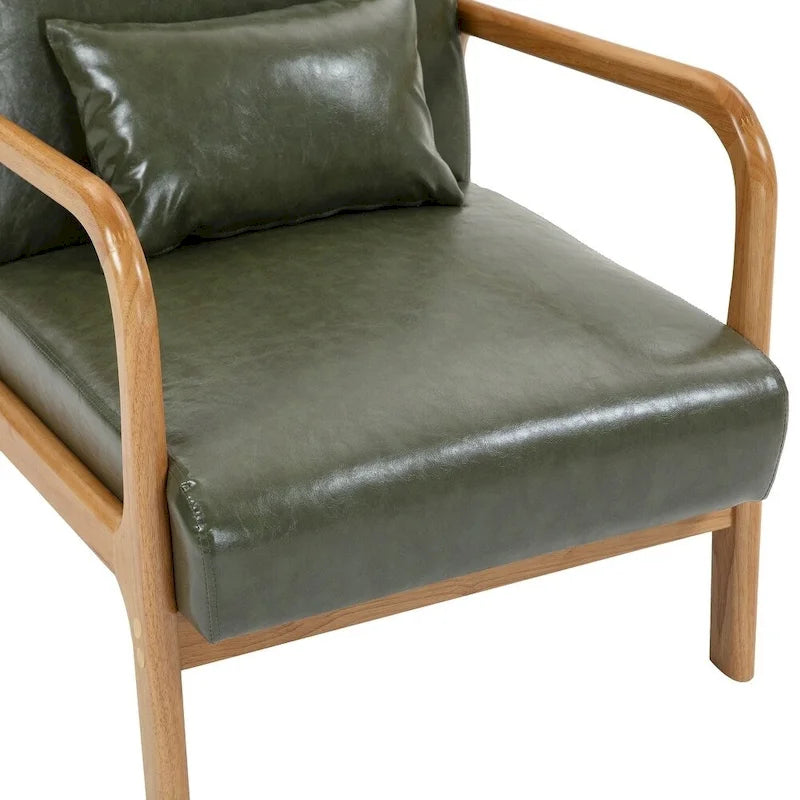 Mid-Century Modern Upholstered Lounge Armchair Rubber Wood Frame Linen Beige Grey
