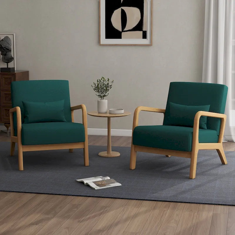 Mid-Century Modern Upholstered Lounge Armchair Rubber Wood Frame Linen Beige Grey