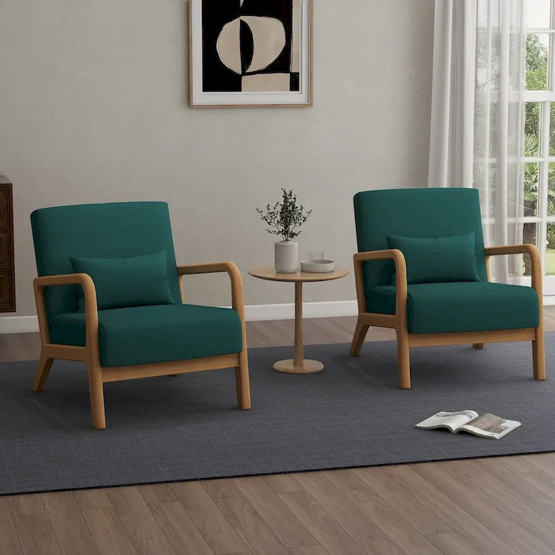 Mid-Century Modern Upholstered Lounge Armchair Rubber Wood Frame Linen Beige Grey