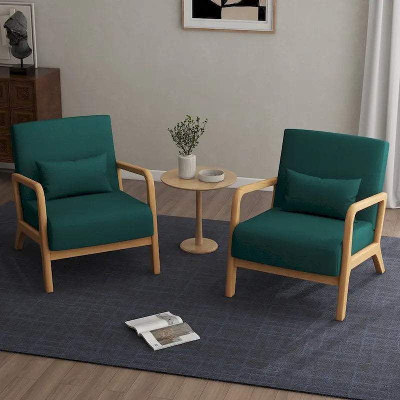 Mid-Century Modern Upholstered Lounge Armchair Rubber Wood Frame Linen Beige Grey