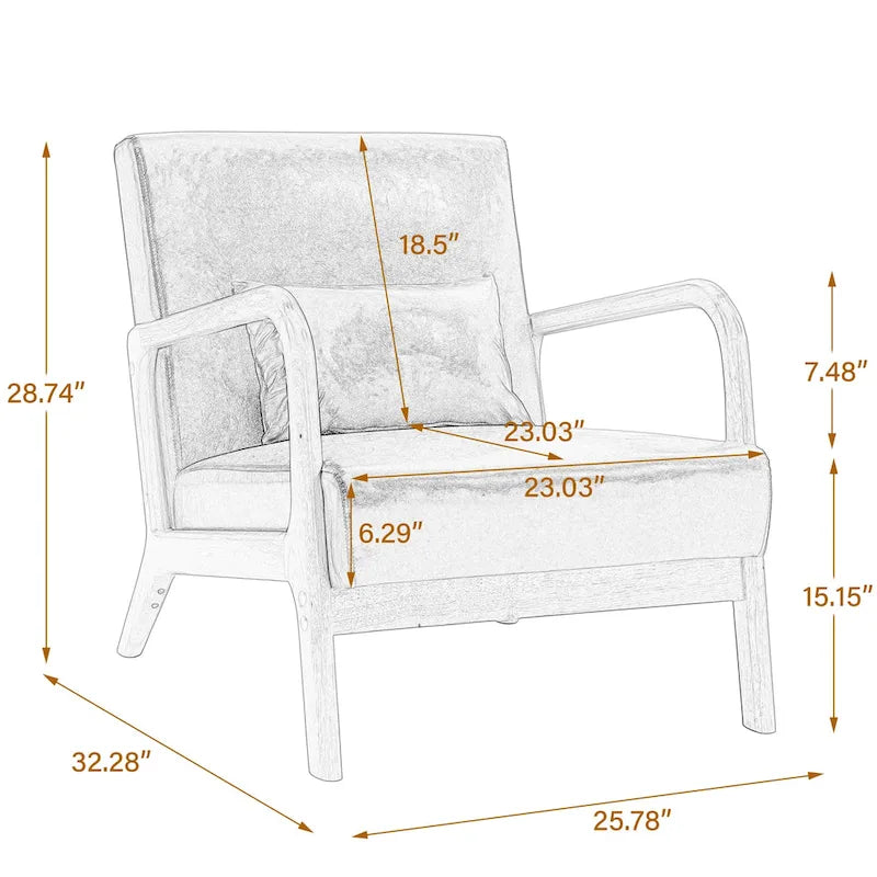 Mid-Century Modern Upholstered Lounge Armchair Rubber Wood Frame Linen Beige Grey