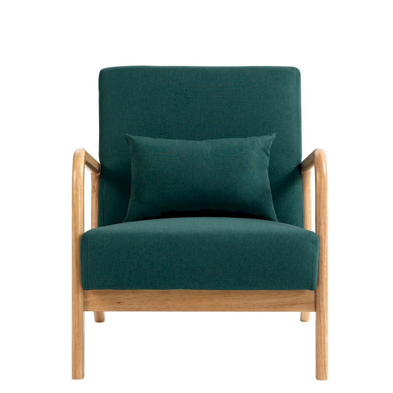 Mid-Century Modern Upholstered Lounge Armchair Rubber Wood Frame Linen Beige Grey