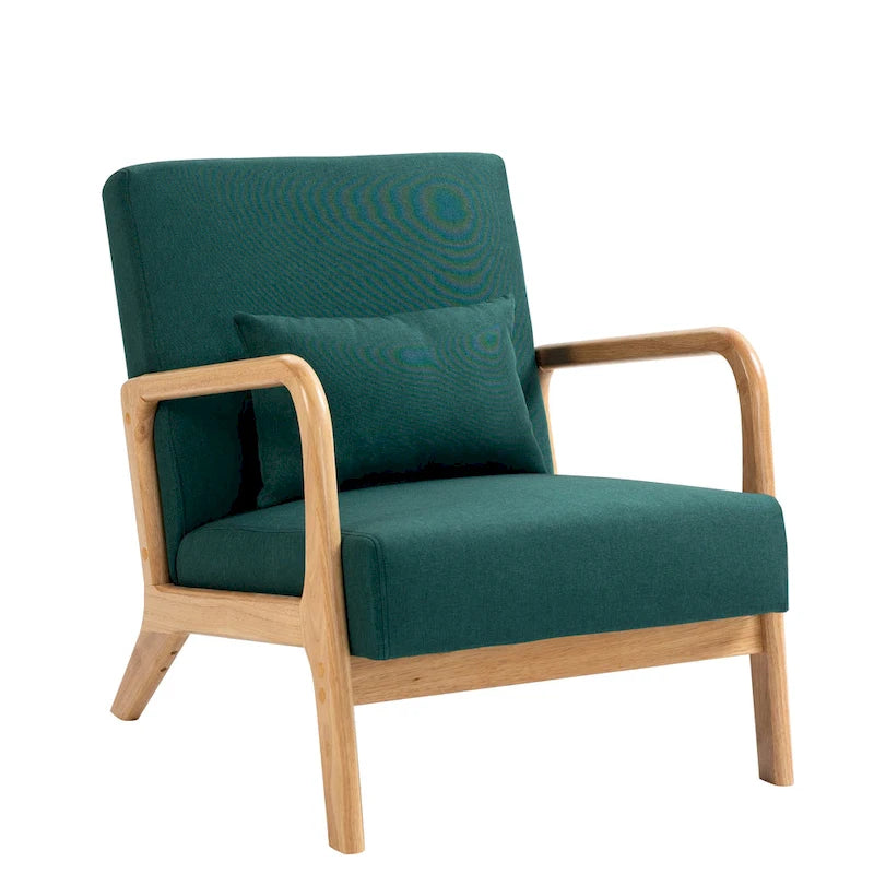 Mid-Century Modern Upholstered Lounge Armchair Rubber Wood Frame Linen Beige Grey