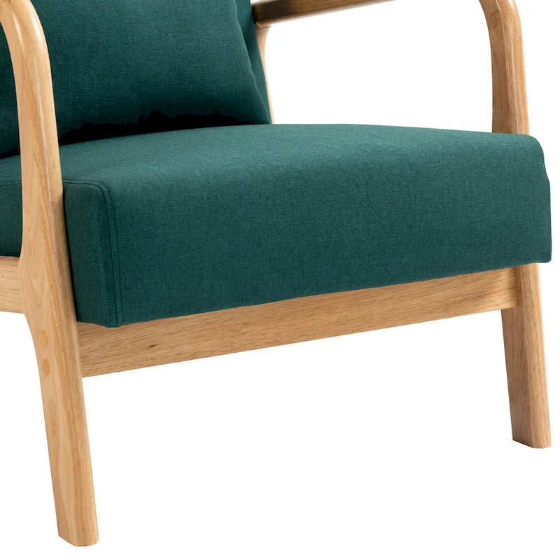 Mid-Century Modern Upholstered Lounge Armchair Rubber Wood Frame Linen Beige Grey