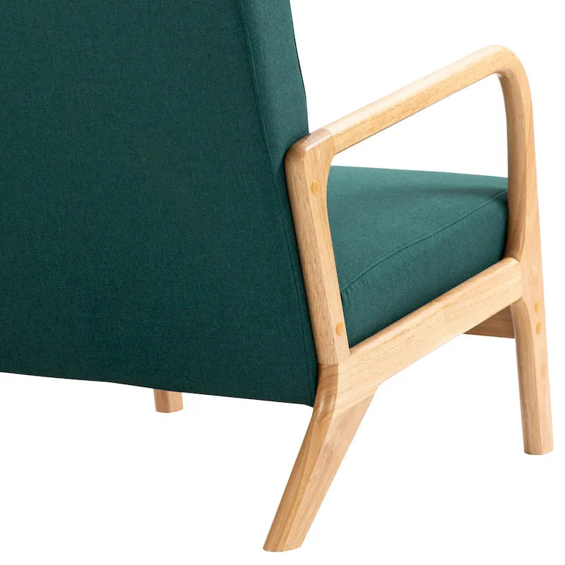 Mid-Century Modern Upholstered Lounge Armchair Rubber Wood Frame Linen Beige Grey