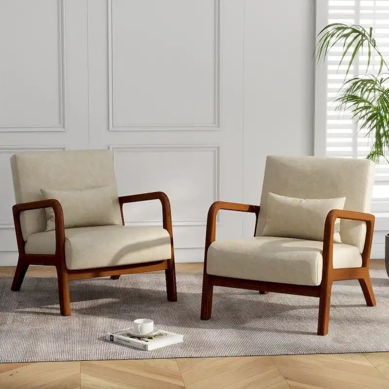 Mid-Century Modern Upholstered Lounge Armchair Rubber Wood Frame Linen Beige Grey