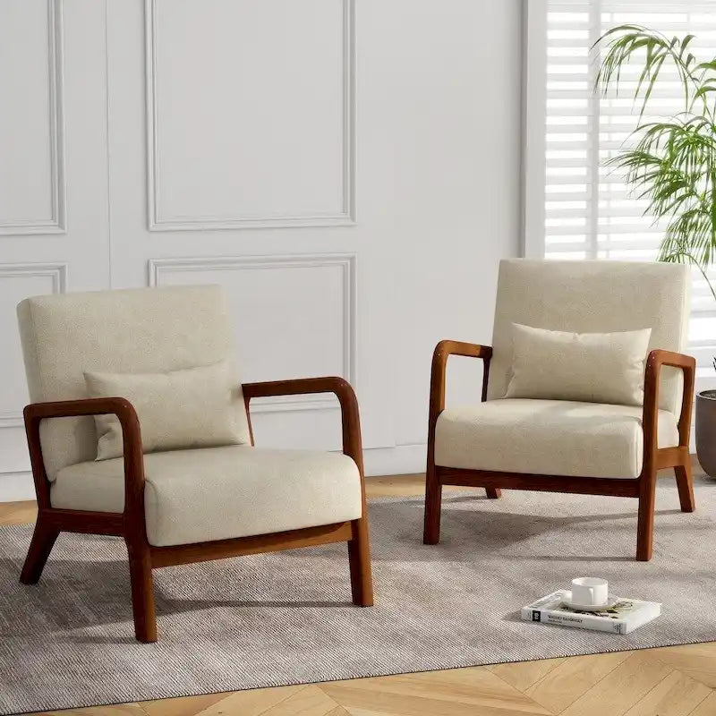 Mid-Century Modern Upholstered Lounge Armchair Rubber Wood Frame Linen Beige Grey
