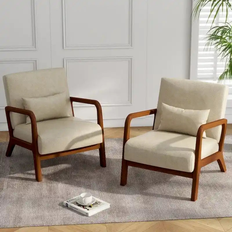 Mid-Century Modern Upholstered Lounge Armchair Rubber Wood Frame Linen Beige Grey