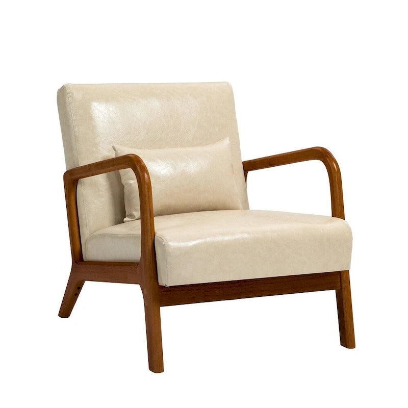 Mid-Century Modern Upholstered Lounge Armchair Rubber Wood Frame Linen Beige Grey