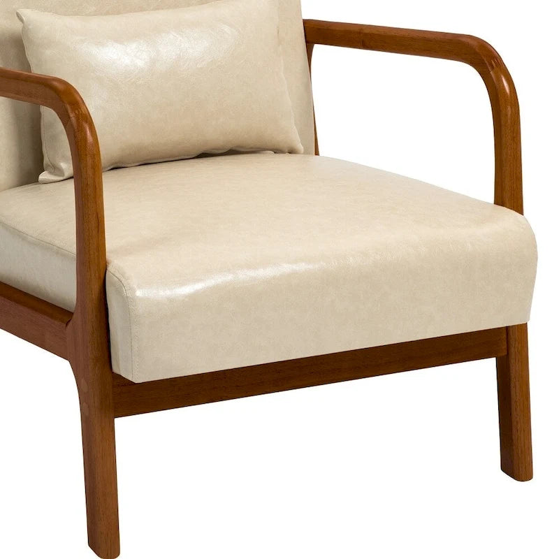 Mid-Century Modern Upholstered Lounge Armchair Rubber Wood Frame Linen Beige Grey