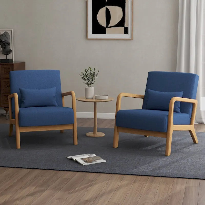 Mid-Century Modern Upholstered Lounge Armchair Rubber Wood Frame Linen Beige Grey
