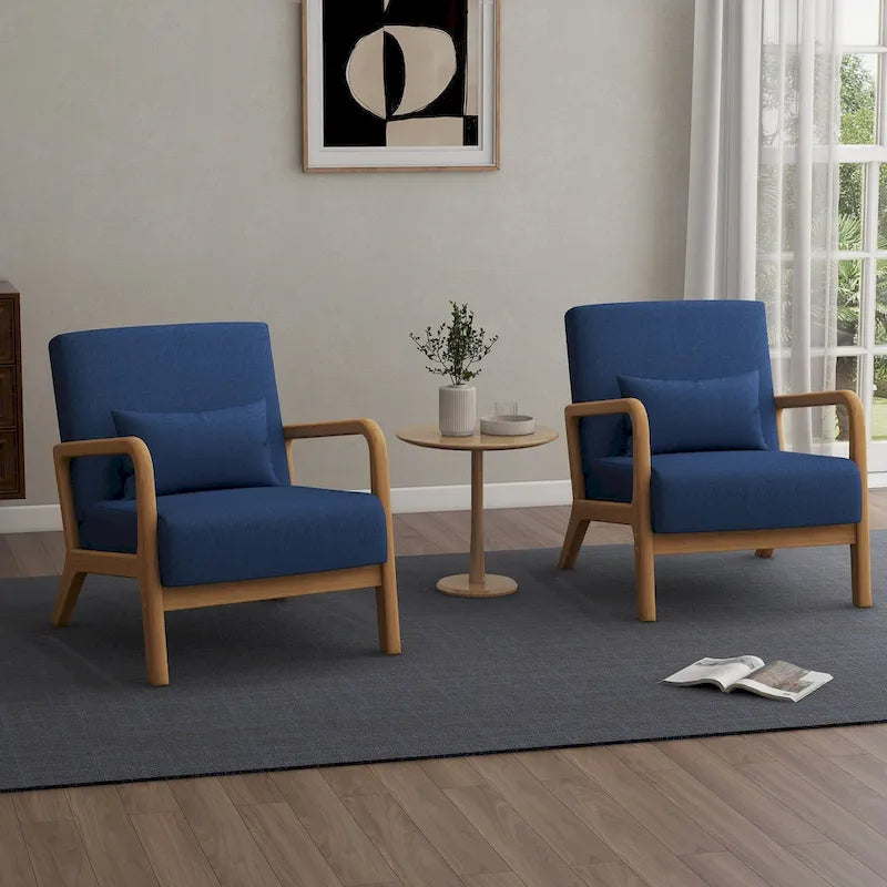 Mid-Century Modern Upholstered Lounge Armchair Rubber Wood Frame Linen Beige Grey