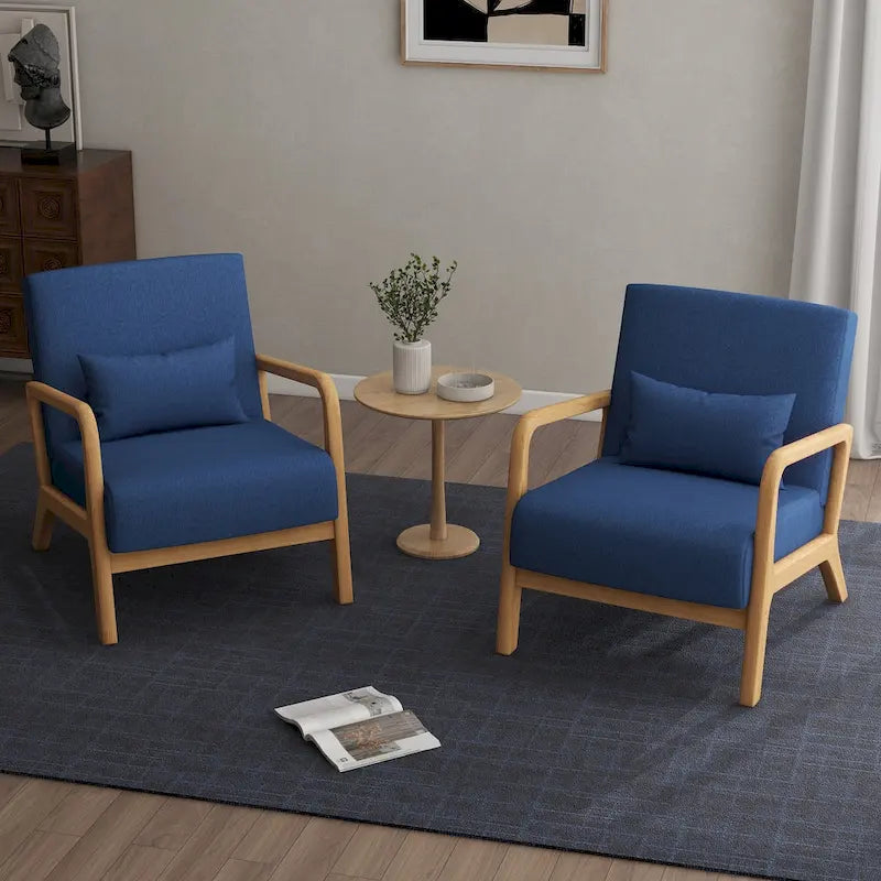 Mid-Century Modern Upholstered Lounge Armchair Rubber Wood Frame Linen Beige Grey