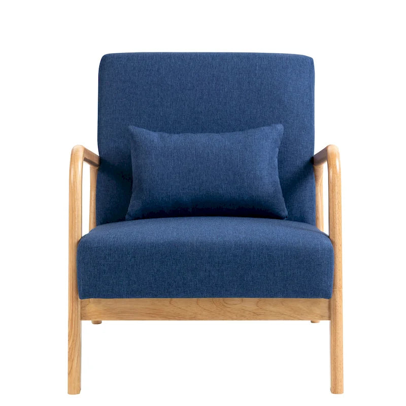 Mid-Century Modern Upholstered Lounge Armchair Rubber Wood Frame Linen Beige Grey