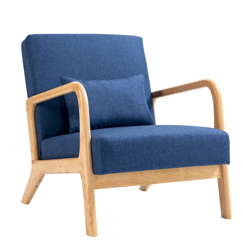 Mid-Century Modern Upholstered Lounge Armchair Rubber Wood Frame Linen Beige Grey