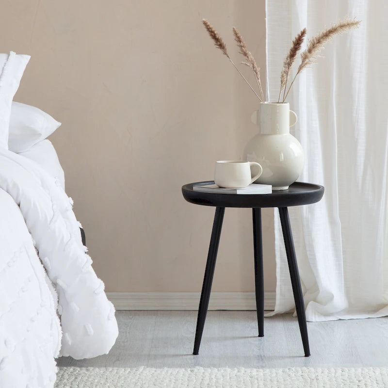 Round Mango Wood End Table Tri-Leg Tapered Metal Legs Handcrafted Natural Black Walnut
