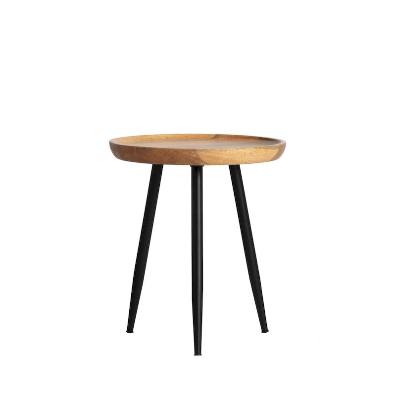 Round Mango Wood End Table Tri-Leg Tapered Metal Legs Handcrafted Natural Black Walnut