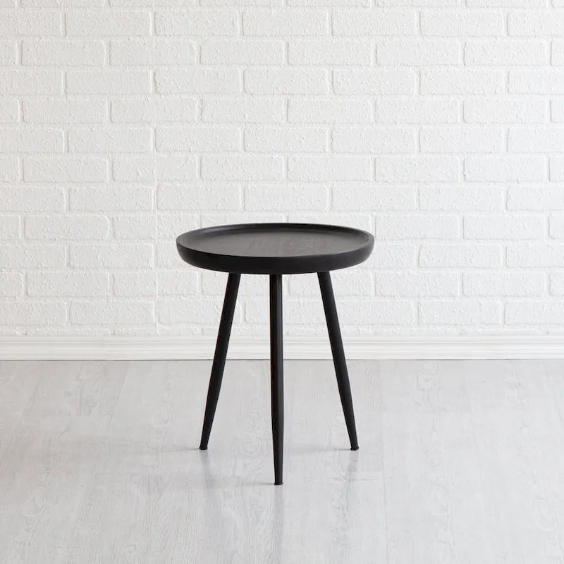 Round Mango Wood End Table Tri-Leg Tapered Metal Legs Handcrafted Natural Black Walnut