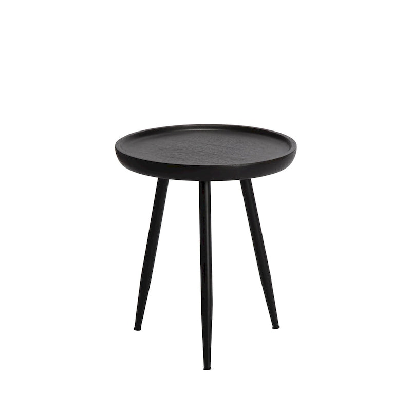 Round Mango Wood End Table Tri-Leg Tapered Metal Legs Handcrafted Natural Black Walnut