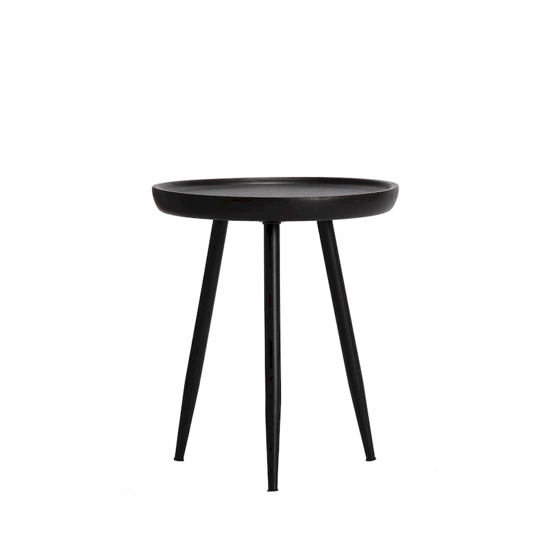 Round Mango Wood End Table Tri-Leg Tapered Metal Legs Handcrafted Natural Black Walnut