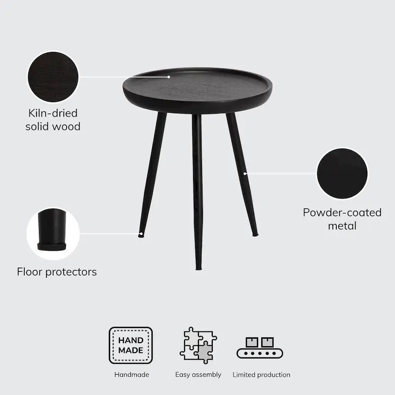 Round Mango Wood End Table Tri-Leg Tapered Metal Legs Handcrafted Natural Black Walnut