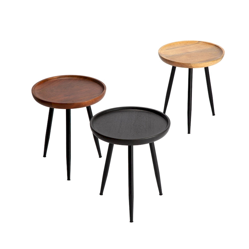 Round Mango Wood End Table Tri-Leg Tapered Metal Legs Handcrafted Natural Black Walnut