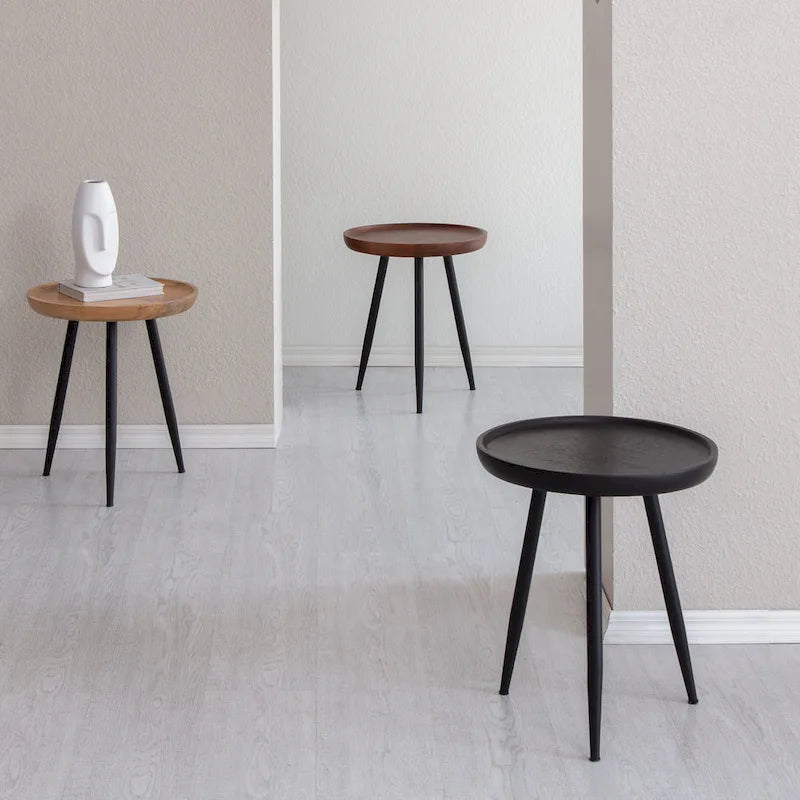 Round Mango Wood End Table Tri-Leg Tapered Metal Legs Handcrafted Natural Black Walnut