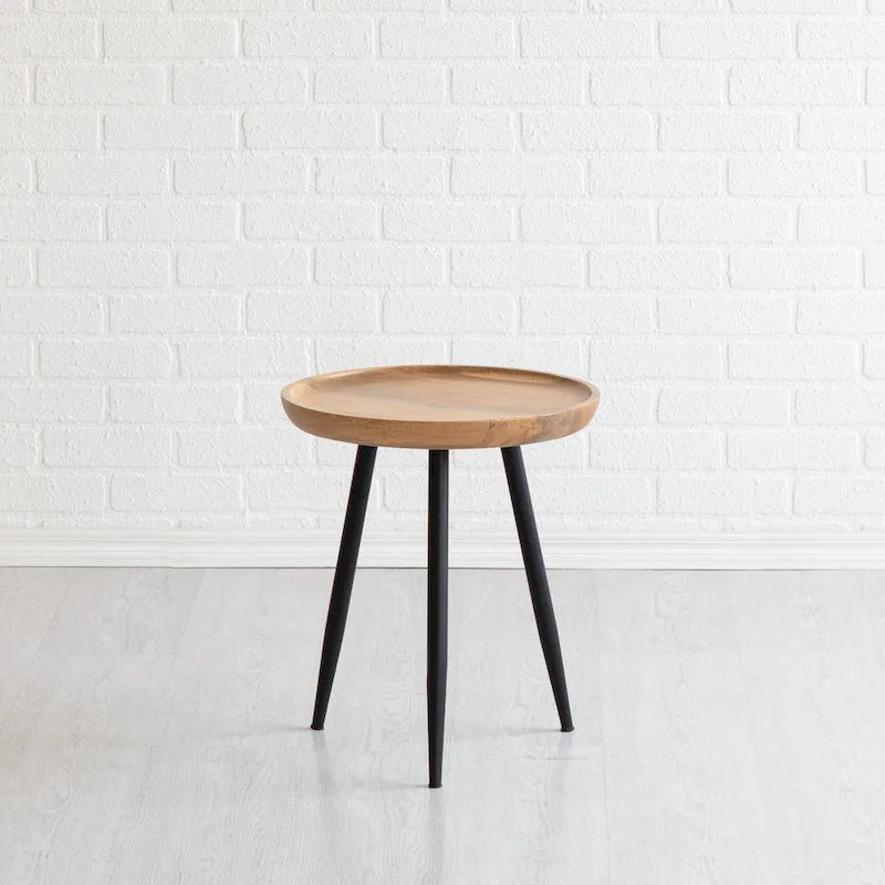 Round Mango Wood End Table Tri-Leg Tapered Metal Legs Handcrafted Natural Black Walnut