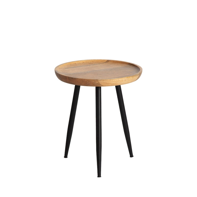 Round Mango Wood End Table Tri-Leg Tapered Metal Legs Handcrafted Natural Black Walnut
