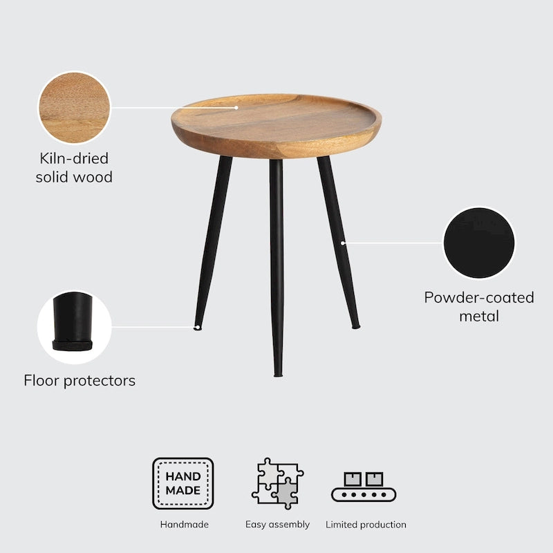 Round Mango Wood End Table Tri-Leg Tapered Metal Legs Handcrafted Natural Black Walnut