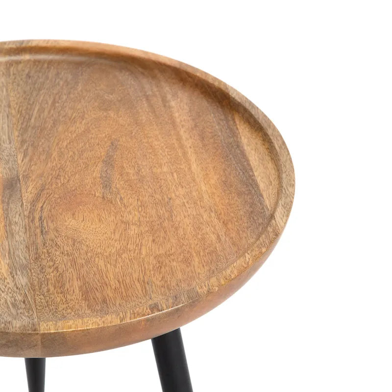 Round Mango Wood End Table Tri-Leg Tapered Metal Legs Handcrafted Natural Black Walnut
