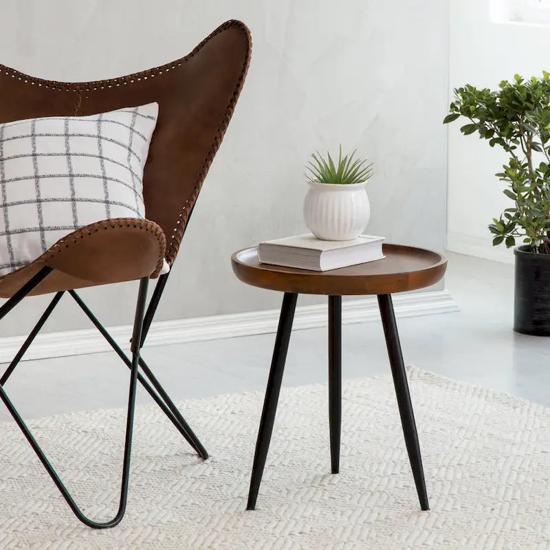 Round Mango Wood End Table Tri-Leg Tapered Metal Legs Handcrafted Natural Black Walnut