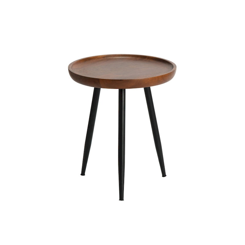 Round Mango Wood End Table Tri-Leg Tapered Metal Legs Handcrafted Natural Black Walnut