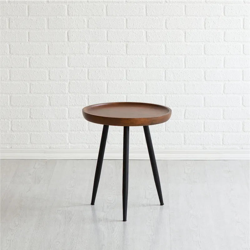 Round Mango Wood End Table Tri-Leg Tapered Metal Legs Handcrafted Natural Black Walnut
