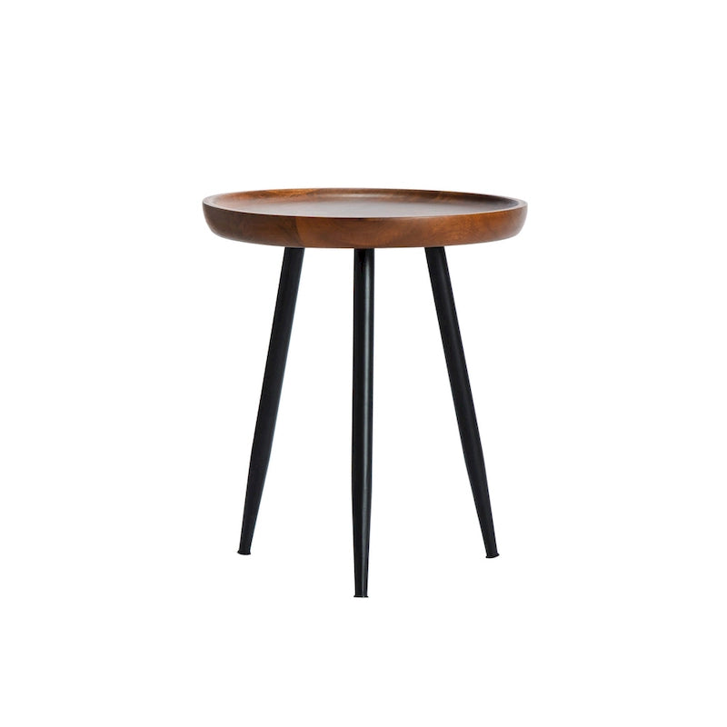 Round Mango Wood End Table Tri-Leg Tapered Metal Legs Handcrafted Natural Black Walnut