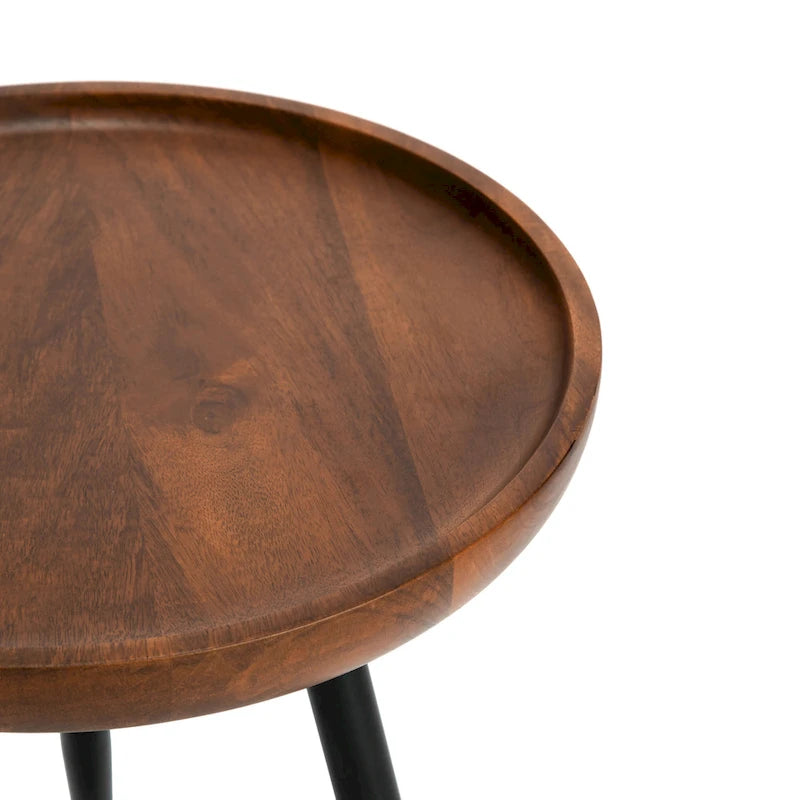 Round Mango Wood End Table Tri-Leg Tapered Metal Legs Handcrafted Natural Black Walnut