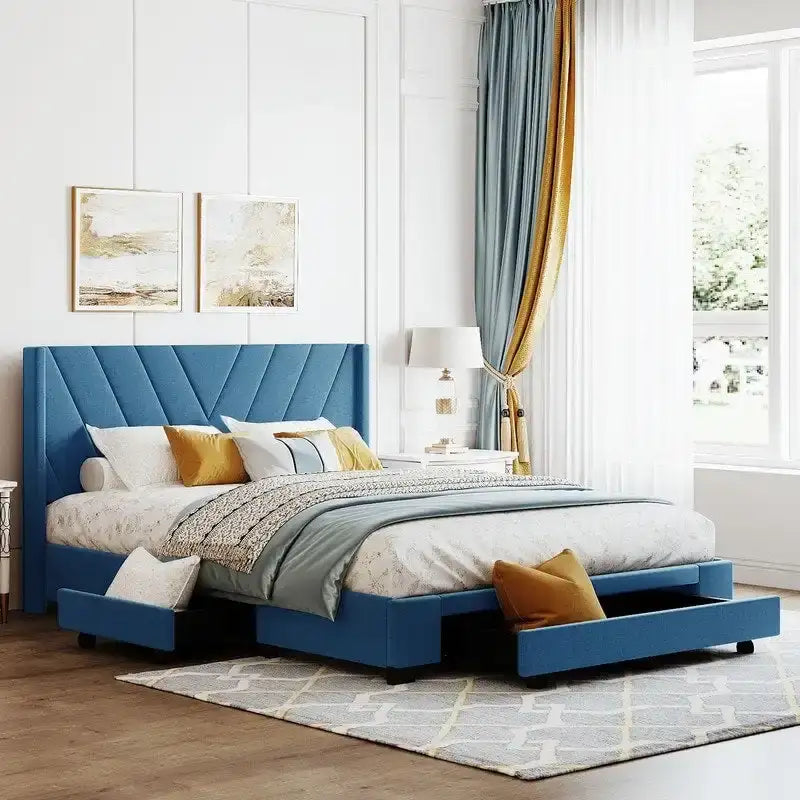Queen Linen Upholstered Platform Bed 3 Drawers Geometric Headboard Blue Beige Gray Pink