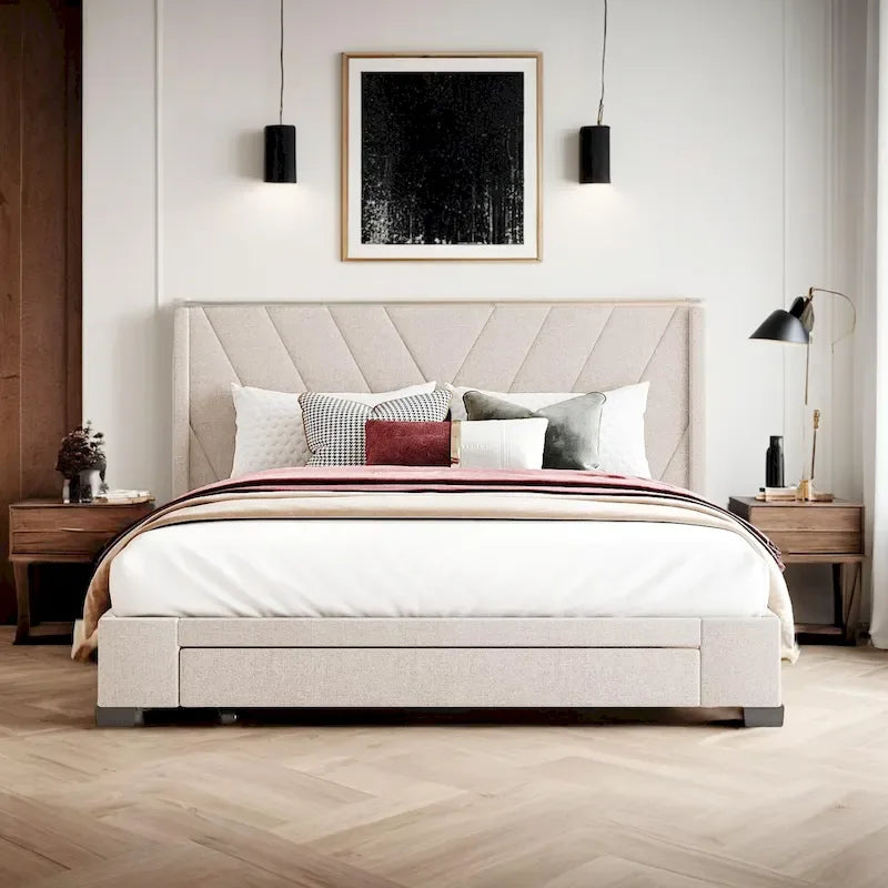 Queen Linen Upholstered Platform Bed 3 Drawers Geometric Headboard Blue Beige Gray Pink