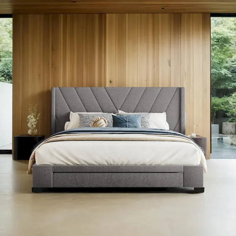 Queen Linen Upholstered Platform Bed 3 Drawers Geometric Headboard Blue Beige Gray Pink
