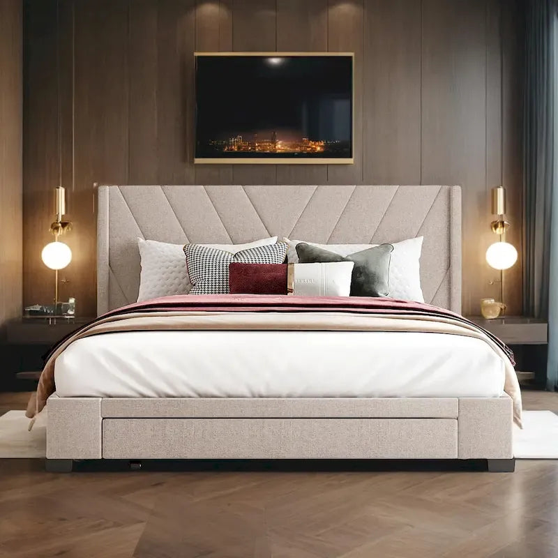 Queen Linen Upholstered Platform Bed 3 Drawers Geometric Headboard Blue Beige Gray Pink