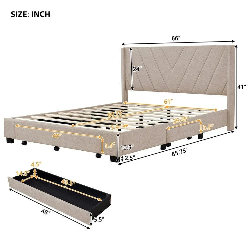 Queen Linen Upholstered Platform Bed 3 Drawers Geometric Headboard Blue Beige Gray Pink