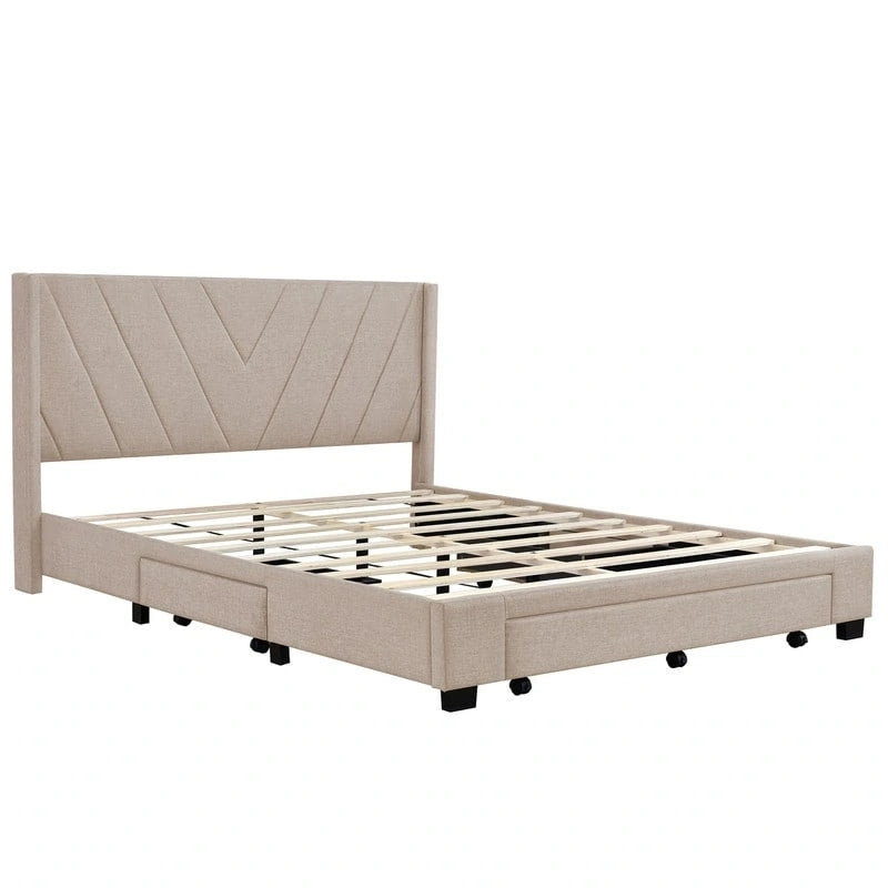 Queen Linen Upholstered Platform Bed 3 Drawers Geometric Headboard Blue Beige Gray Pink