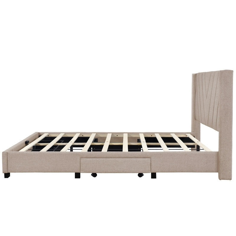 Queen Linen Upholstered Platform Bed 3 Drawers Geometric Headboard Blue Beige Gray Pink
