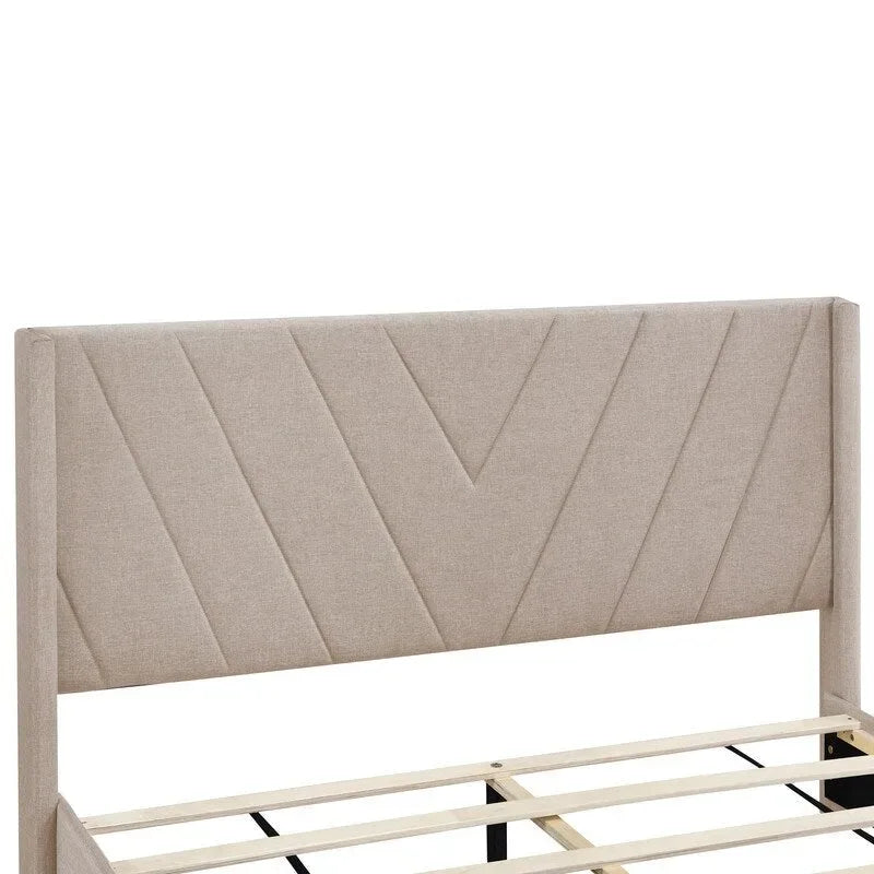 Queen Linen Upholstered Platform Bed 3 Drawers Geometric Headboard Blue Beige Gray Pink