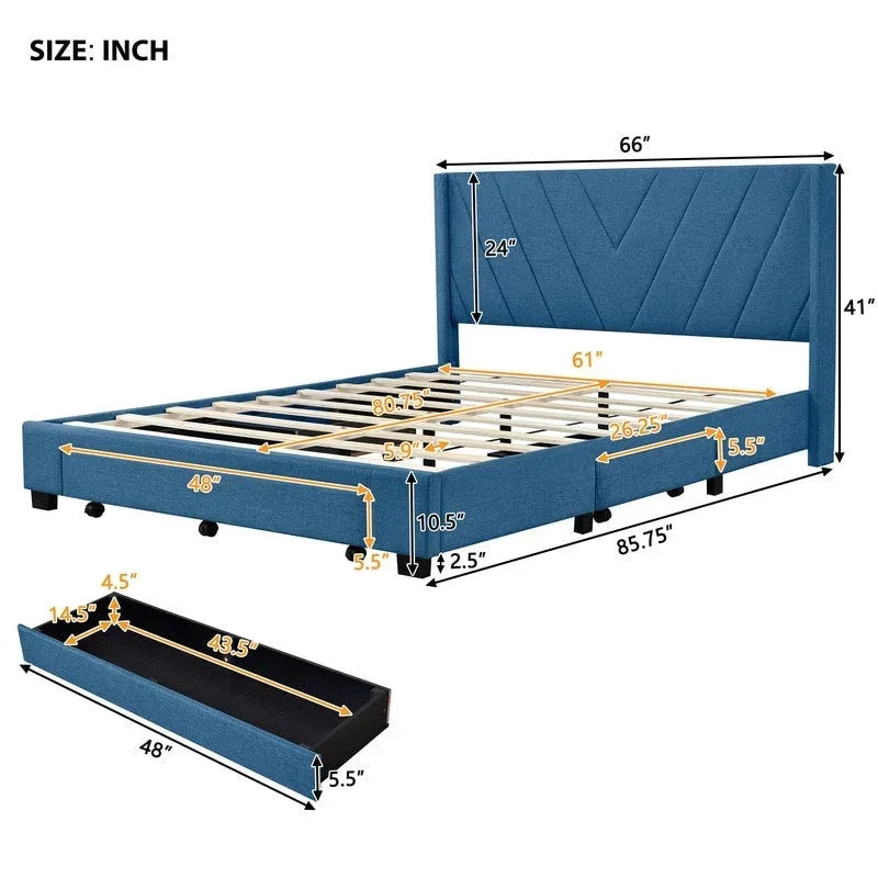 Queen Linen Upholstered Platform Bed 3 Drawers Geometric Headboard Blue Beige Gray Pink