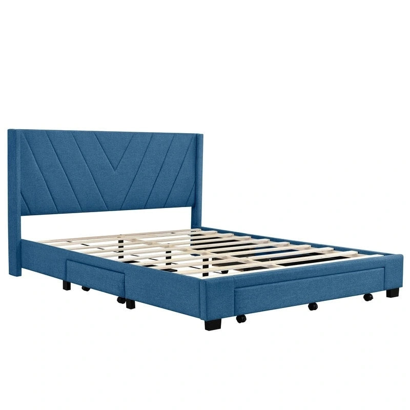 Queen Linen Upholstered Platform Bed 3 Drawers Geometric Headboard Blue Beige Gray Pink