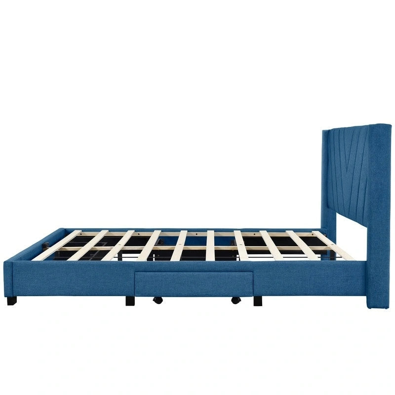 Queen Linen Upholstered Platform Bed 3 Drawers Geometric Headboard Blue Beige Gray Pink